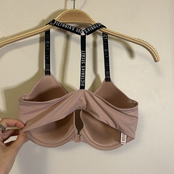 Victoria Secret Underwire Padded T-back Uplift Semi Demi Bra 32DD Beige‎ - Picture 3 of 4